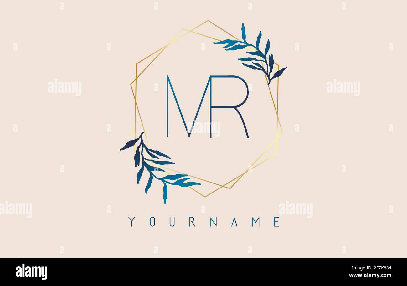 Lettres MR m r logo avec cadres de polygone doré et motif de feuilles bleu dégradé. Illustration vectorielle de luxe avec lettres M et R et feuille de dégradé bleue Illustration de Vecteur