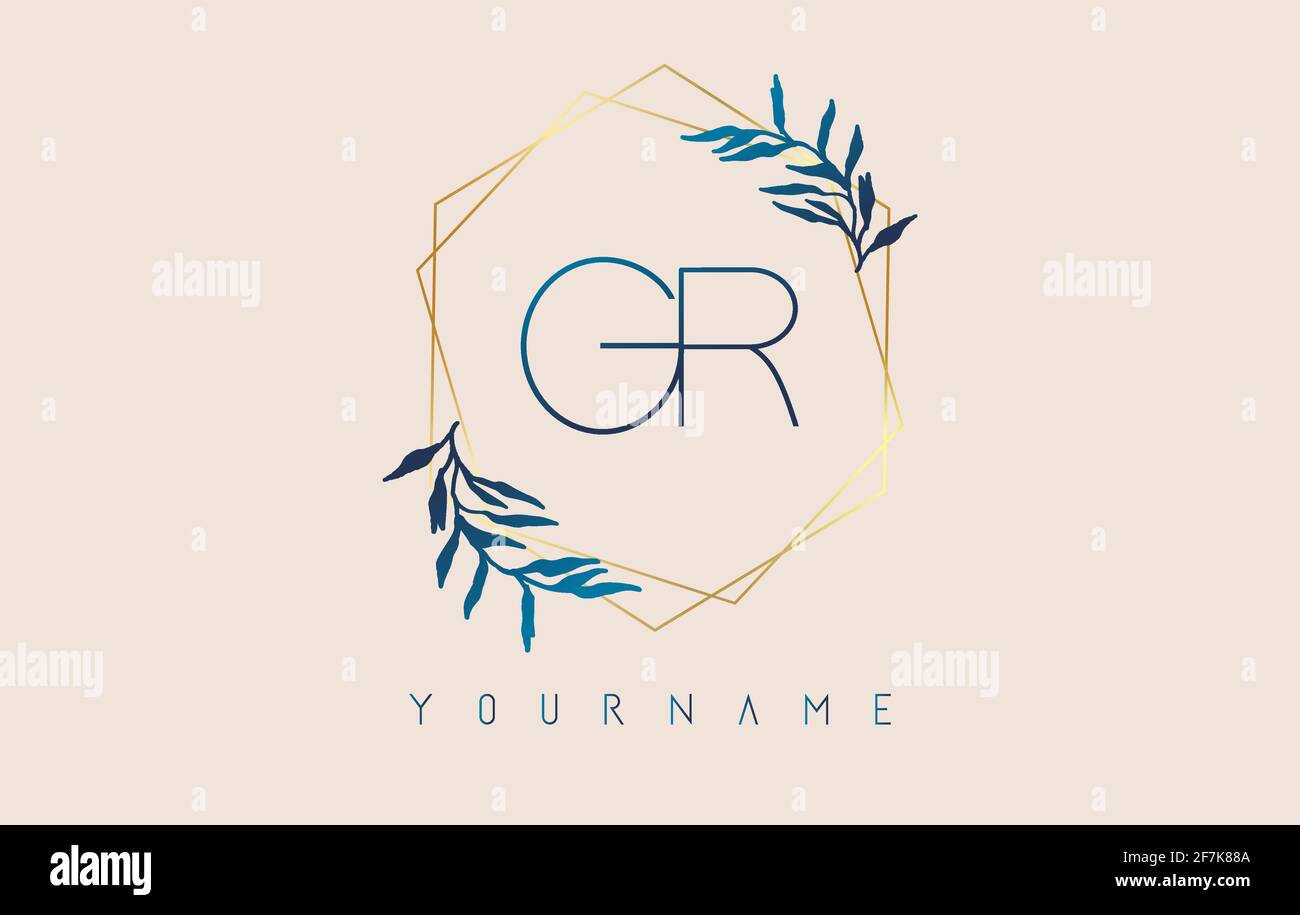 Lettres GR g r logo avec cadres de polygone doré et motif de feuilles bleu dégradé. Illustration vectorielle de luxe avec lettres G et R et feuille de dégradé bleue Illustration de Vecteur