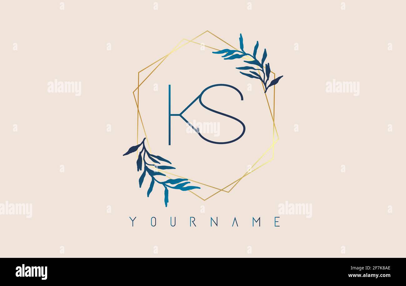 Lettres KS k s logo avec cadres de polygone doré et motif de feuilles bleu dégradé. Illustration vectorielle de luxe avec lettres K et S et feuille de dégradé bleue Illustration de Vecteur