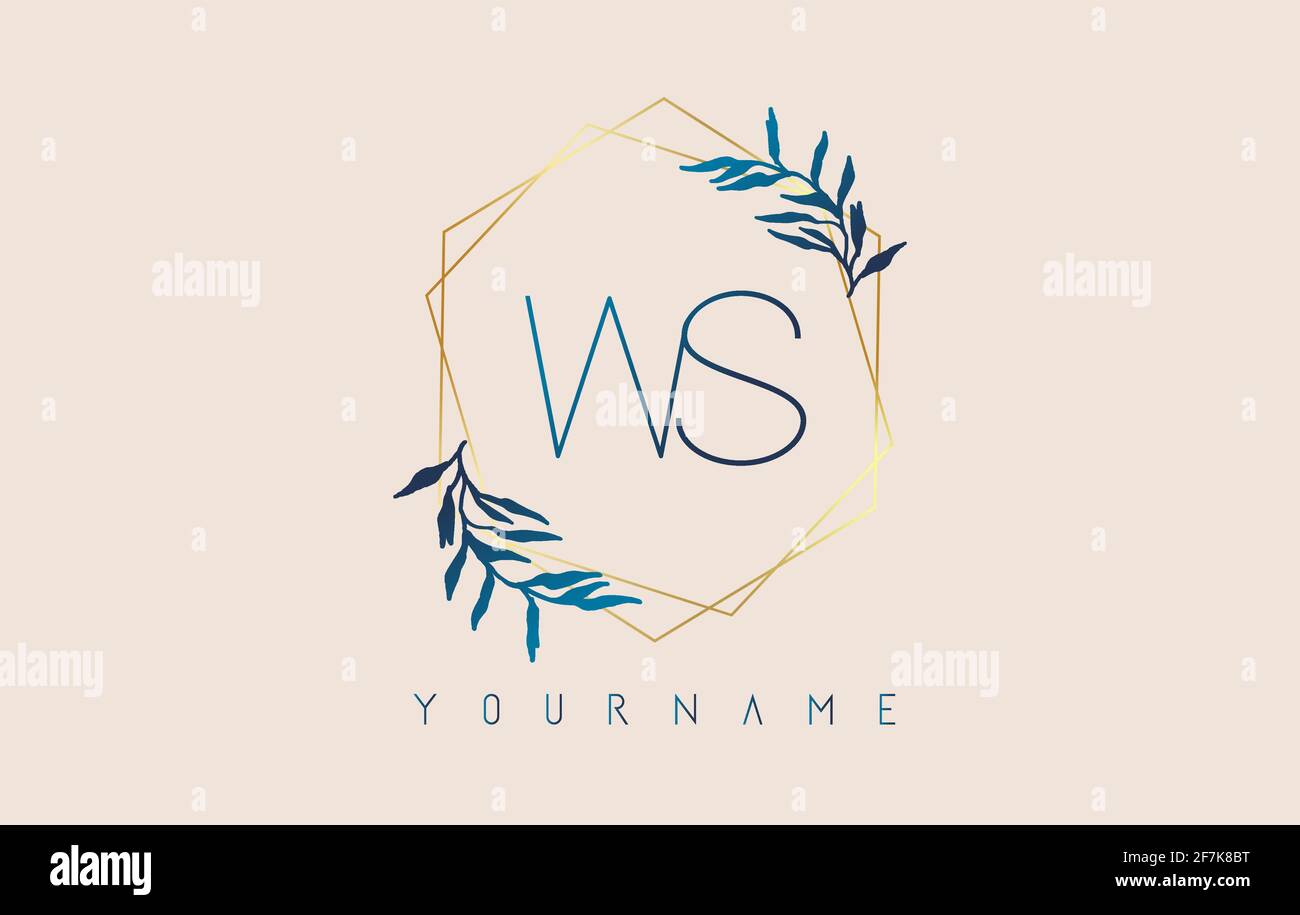 Lettres WS W s logo avec cadres de polygone doré et motif de feuilles bleu dégradé. Illustration vectorielle de luxe avec lettres W et S et feuille de dégradé bleue Illustration de Vecteur