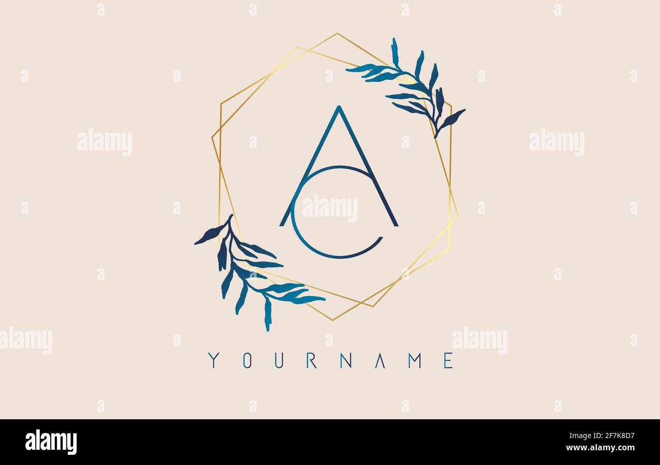 Lettres AC a c logo avec cadres de polygone doré et motif de feuilles bleu dégradé. Illustration vectorielle de luxe avec lettres A et C et feuille de dégradé bleue Illustration de Vecteur