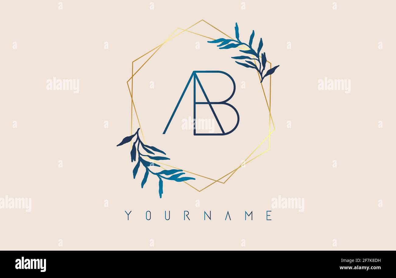 Lettres AB a b logo avec cadres de polygone doré et motif de feuilles bleu dégradé. Illustration vectorielle de luxe avec lettres A et B et feuille de dégradé bleue Illustration de Vecteur
