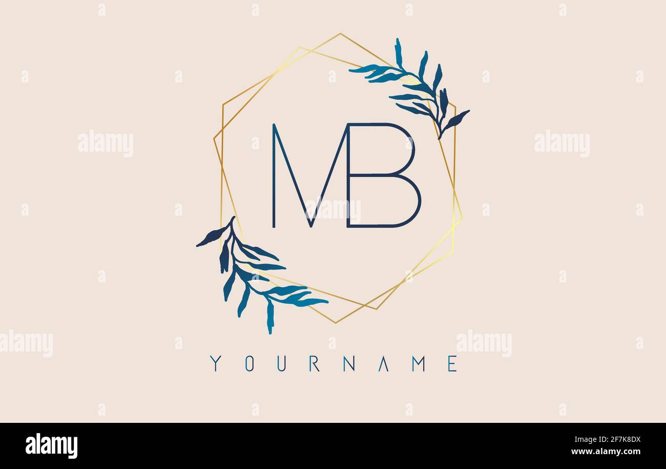 Lettres MB m b logo avec cadres de polygone doré et motif de feuilles bleu dégradé. Illustration vectorielle de luxe avec lettres M et B et feuille de dégradé bleue Illustration de Vecteur