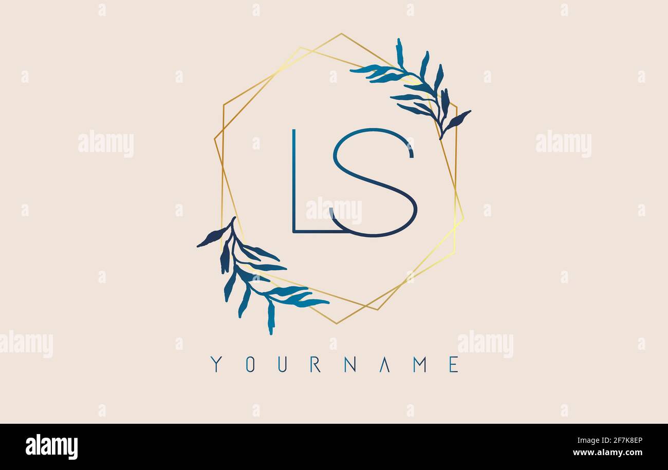 Lettres LS l s logo avec cadres de polygone doré et motif de feuilles bleu dégradé. Illustration vectorielle de luxe avec lettres L et S et feuille de dégradé bleue Illustration de Vecteur