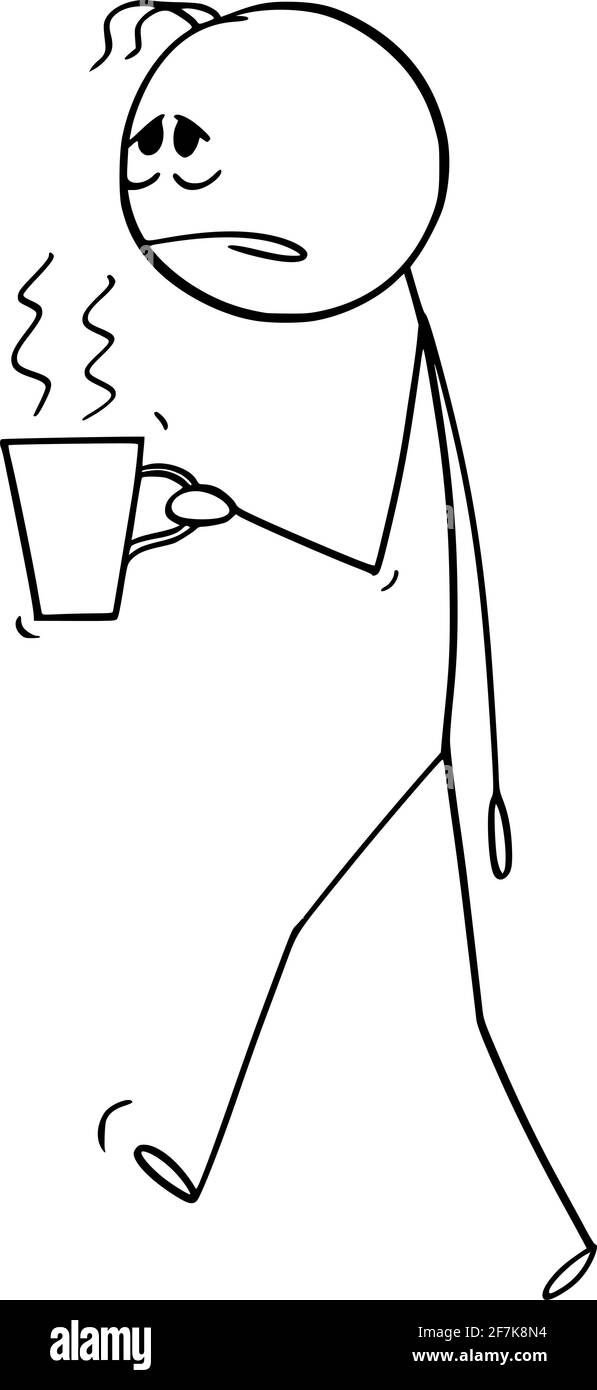 Homme fatigué ou surtravaillé ou travailleur de bureau avec une tasse de café ou de thé, Illustration de la figure du bâton de dessin animé Illustration de Vecteur