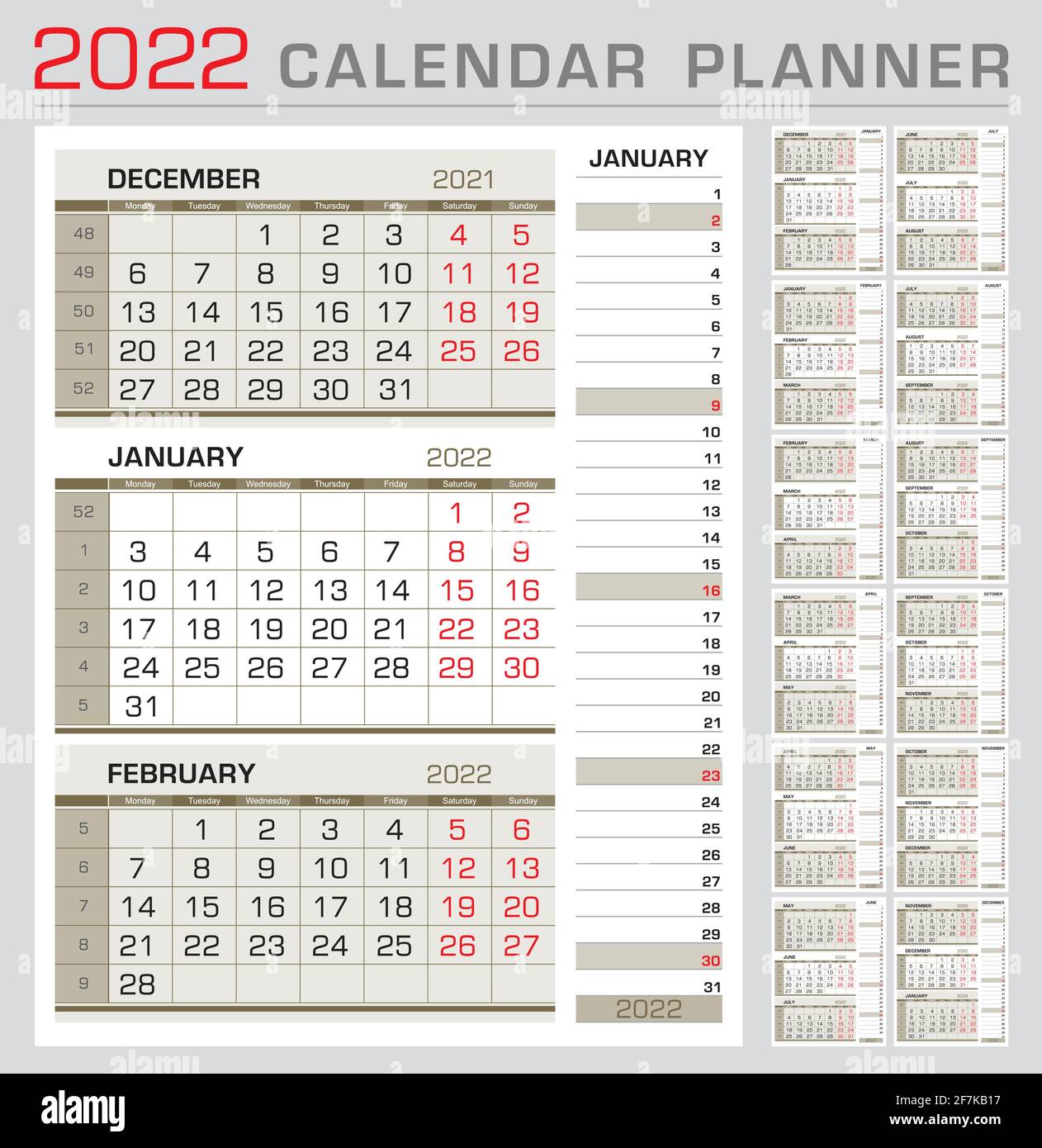 Modèle de calendrier 2022. Début de la semaine à partir du lundi. calendrier de 3 mois à la page, avec le calendrier à bande droite du mois d'actualité. Prêt pour l'impression Illustration de Vecteur