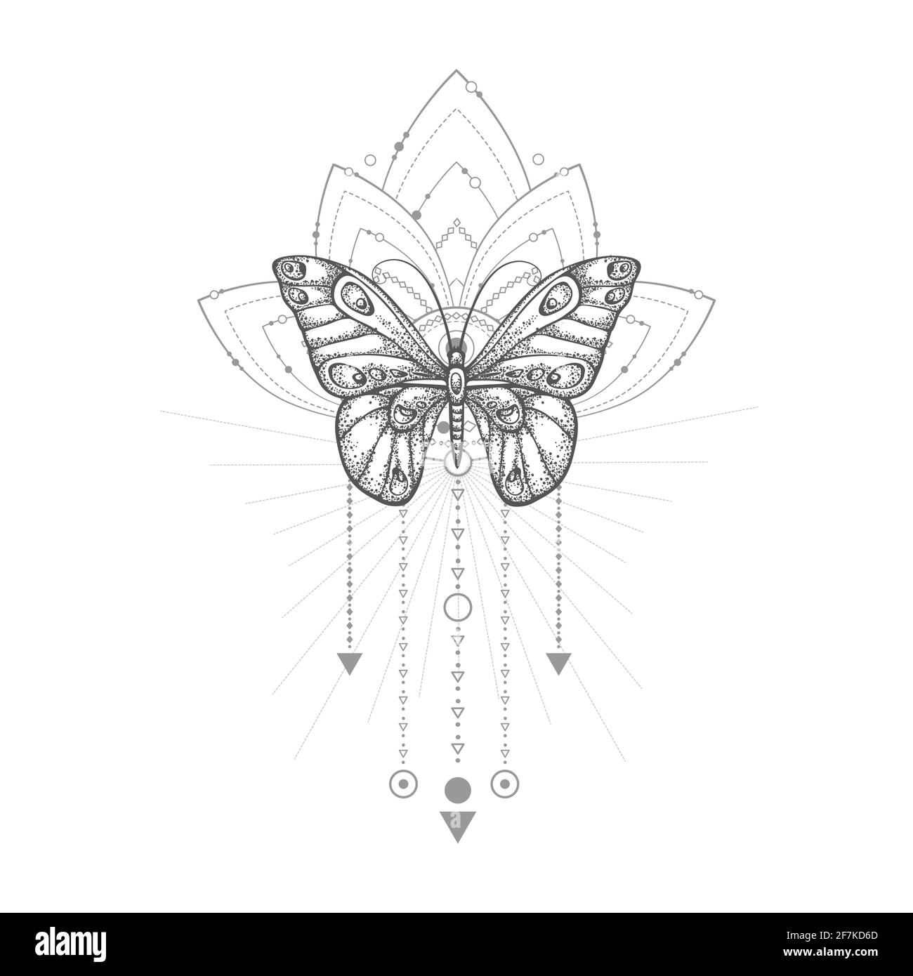Illustration vectorielle avec papillon dessiné à la main et symbole géométrique Sacré sur fond blanc. Signe mystique abstrait. Forme linéaire noire. Pour vous desig Illustration de Vecteur