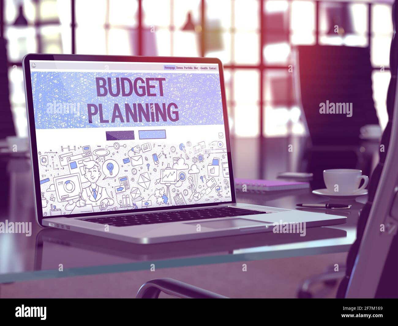 Concept de planification budgétaire gros plan sur la page d'accueil de l'écran de l'ordinateur portable dans un espace de travail de bureau moderne. Image en tons avec mise au point sélective. Rendu 3D. Banque D'Images
