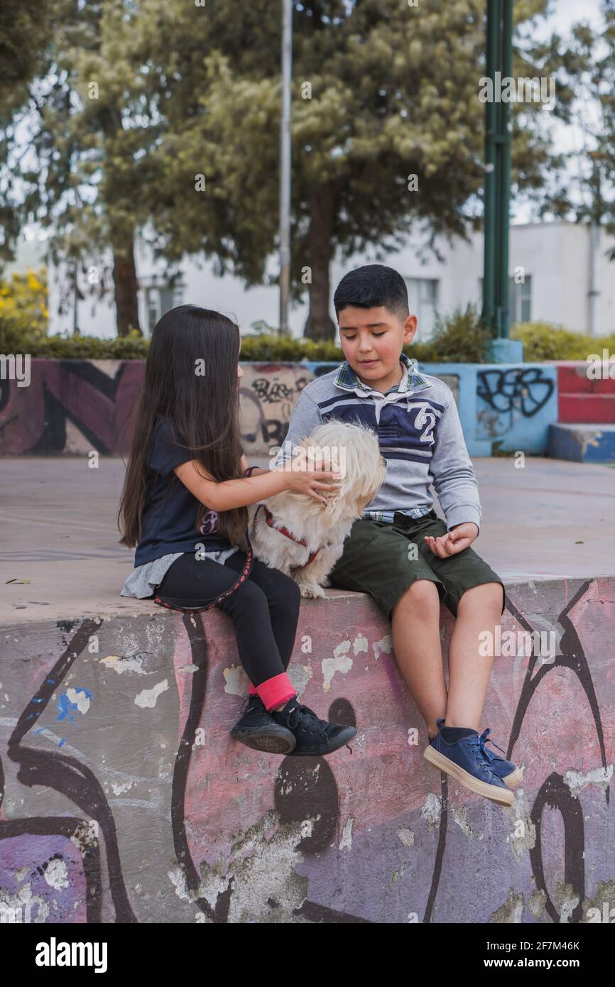 Enfants amis marchant avec leur animal de compagnie, dans le parc appréciant et riant ensemble. Banque D'Images