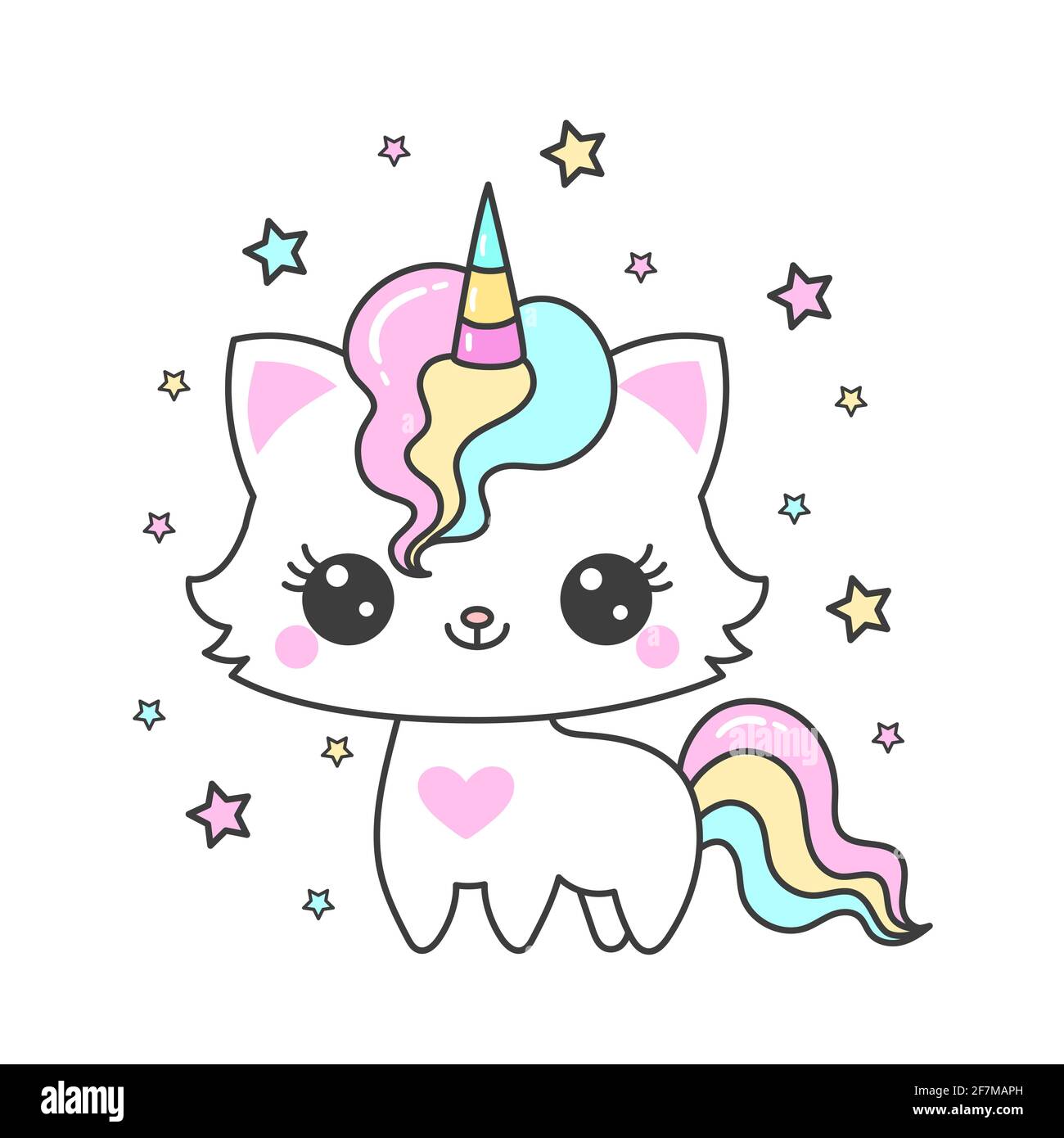 Adorable dessin animé chat licorne et étoiles. Design pour enfants. Vecteur Illustration de Vecteur