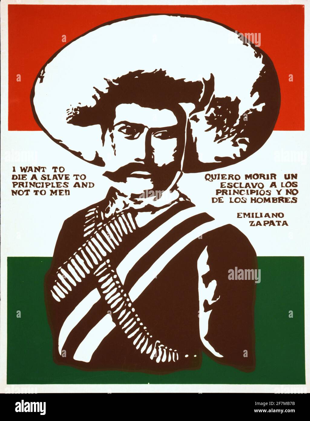 Emiliano Zapata Poster Serigraphie Du General Revolutionnaire Mexicain Emiliano Zapata Salazar 1879 1919 Avec La Citation Je Veux Mourir Esclave De Principes Et Non D Hommes Quiero Morir Un Esclavo A Los Principios Y