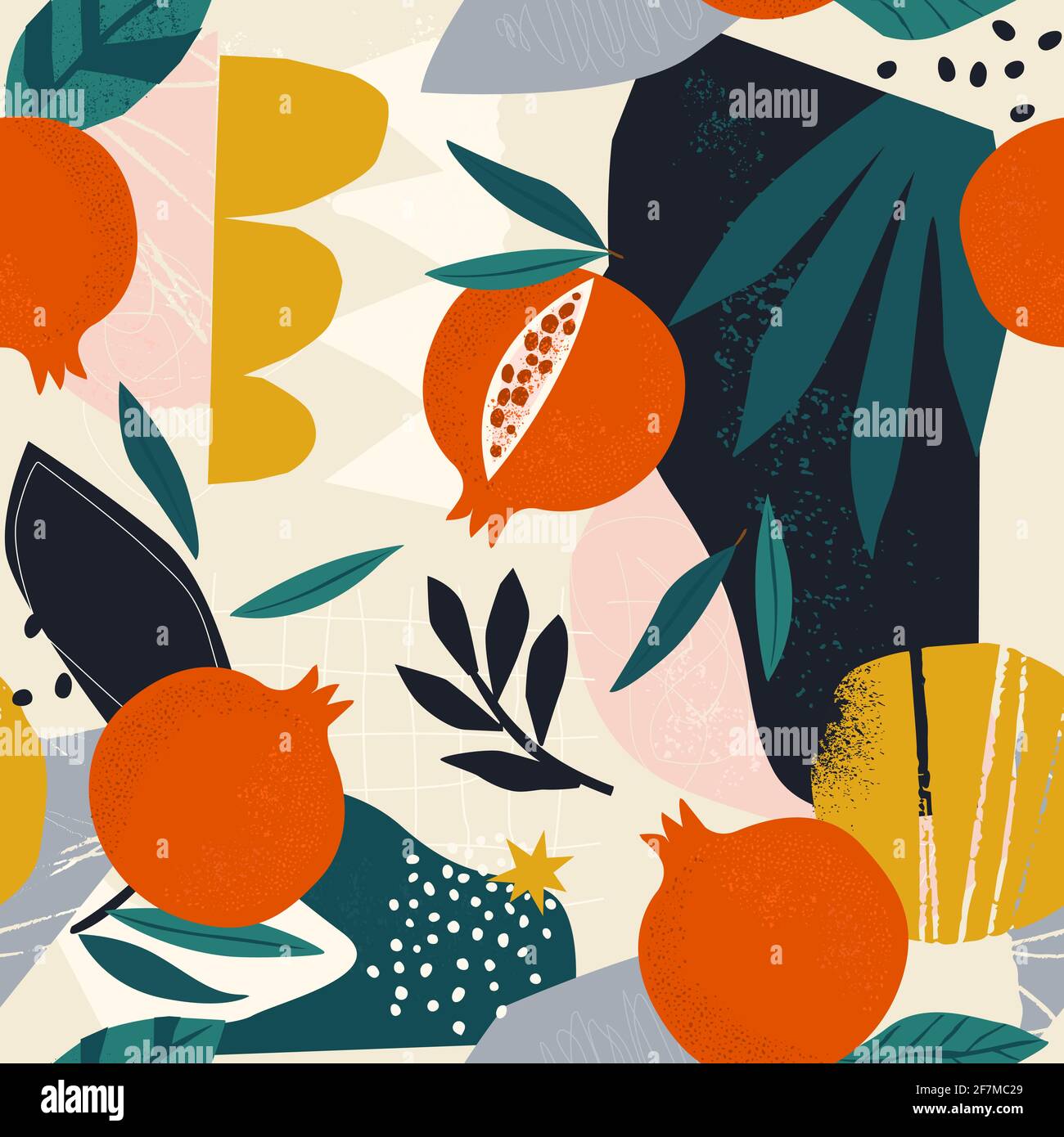 Motif fleuri sans couture de style contemporain de collage. Fruits exotiques modernes de la jungle grenade différentes formes de coodle, taches, gouttes, et plantes illustration vec Illustration de Vecteur
