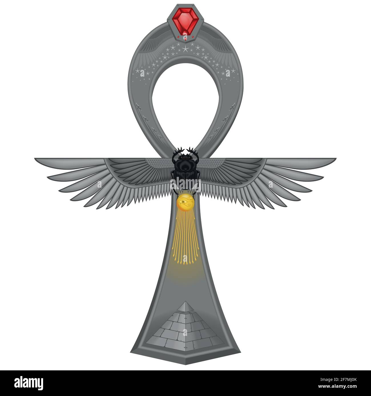 Dessin vectoriel de croix filetée, symbole de l'Égypte ancienne décoré ankh, oeil d'horus, scarabs ailé, pyramide égyptienne. Illustration de Vecteur