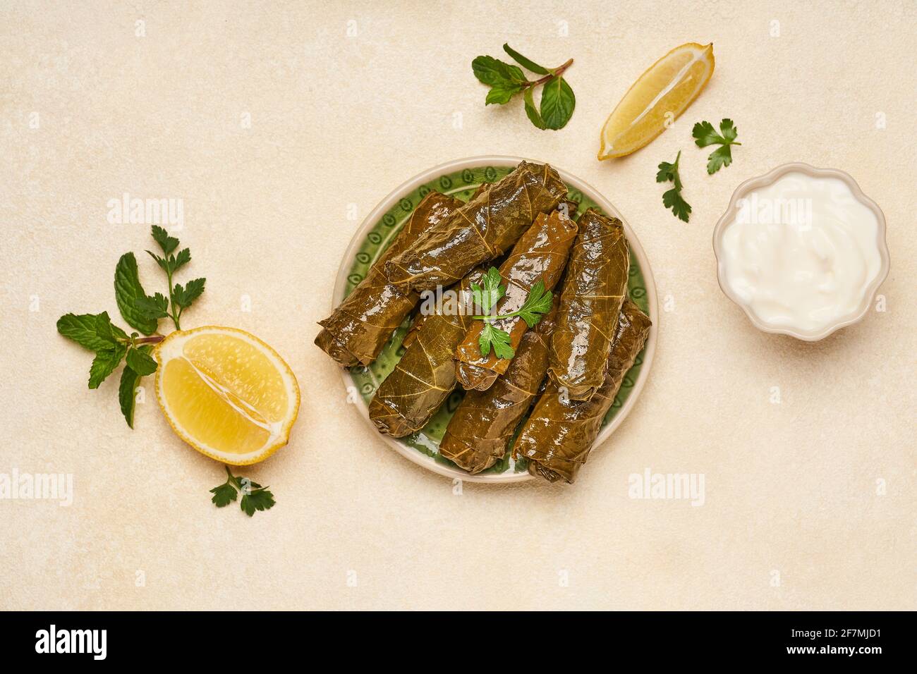 Rouleaux de feuilles de raisin farcies dolma. Cuisine traditionnelle middedarean, caucasienne, turque et arabe. Vue de dessus Banque D'Images