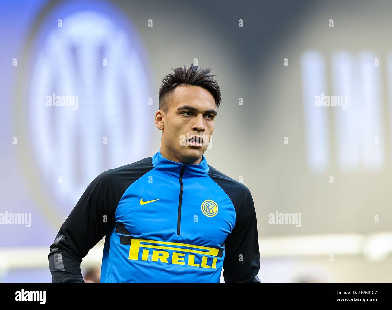 Milan, Italie. 07e avril 2021. Lautaro Martínez du FC Internazionale se réchauffe avant la série UN match de football 2020/21 entre le FC Internazionale et Sassuolo au stade San Siro.(score final; FC Internazionale 2:1 Sassuolo) (photo de Fabrizio Carabelli/SOPA Images/Sipa USA) Credit: SIPA USA/Alay Live News Banque D'Images