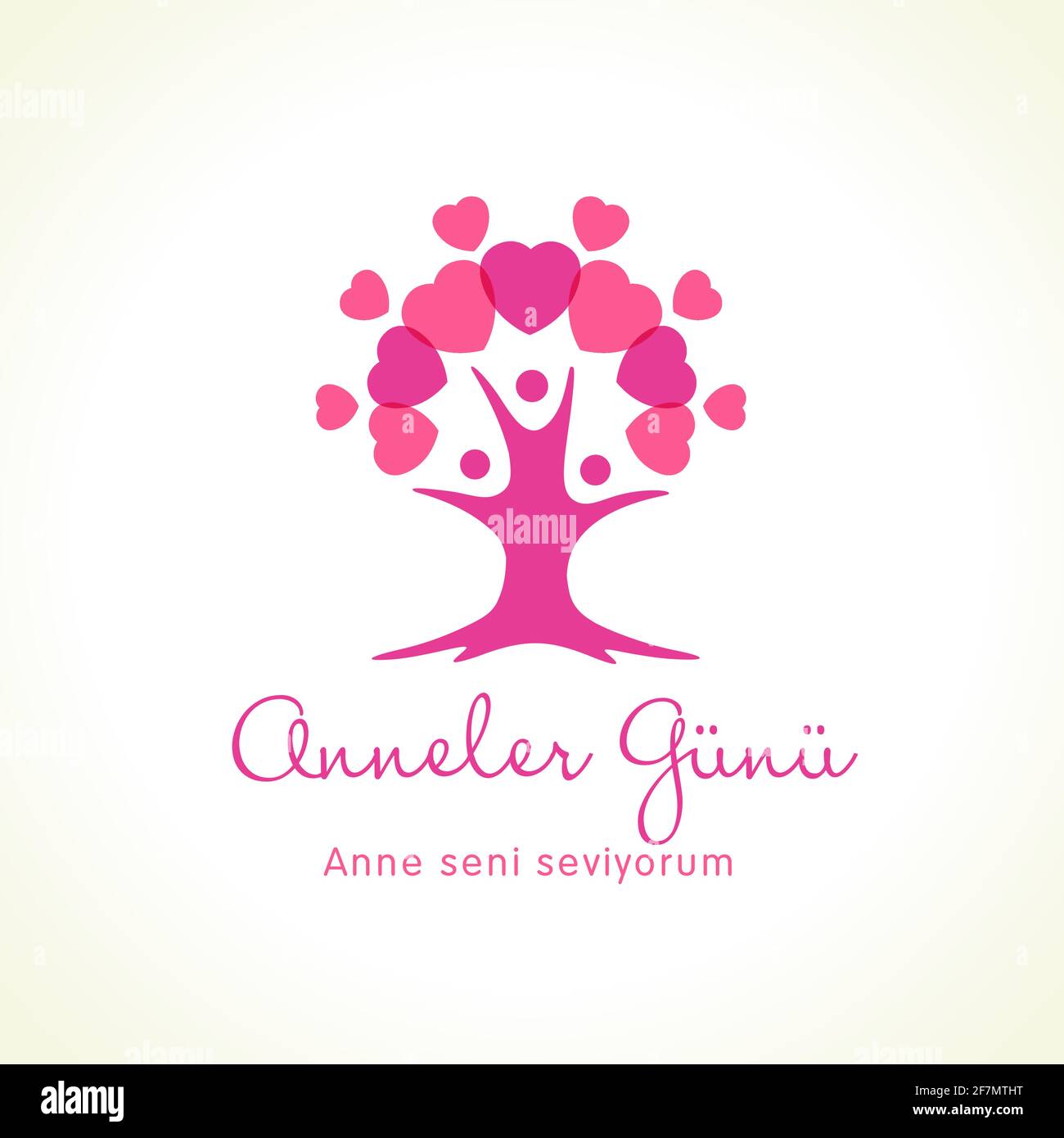 Anneler Gunu, Anne seni seviyorum, traduction: Fête des mères heureuse, turque. Carte de voeux rose amour arbre et coeur pour la fête des mères. Maman j'aime Illustration de Vecteur