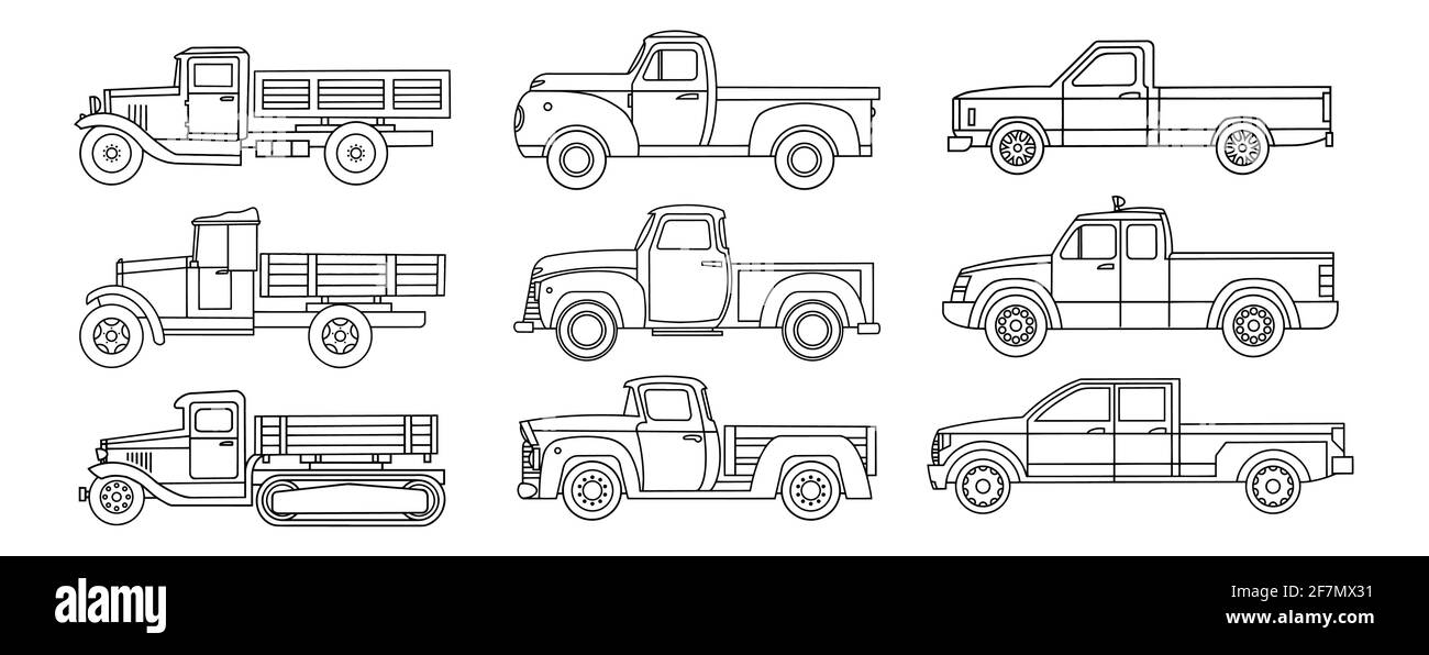 Jeu de camions d'époque. Dessin linéaire pour colorier. Clipart vectoriel Illustration de Vecteur