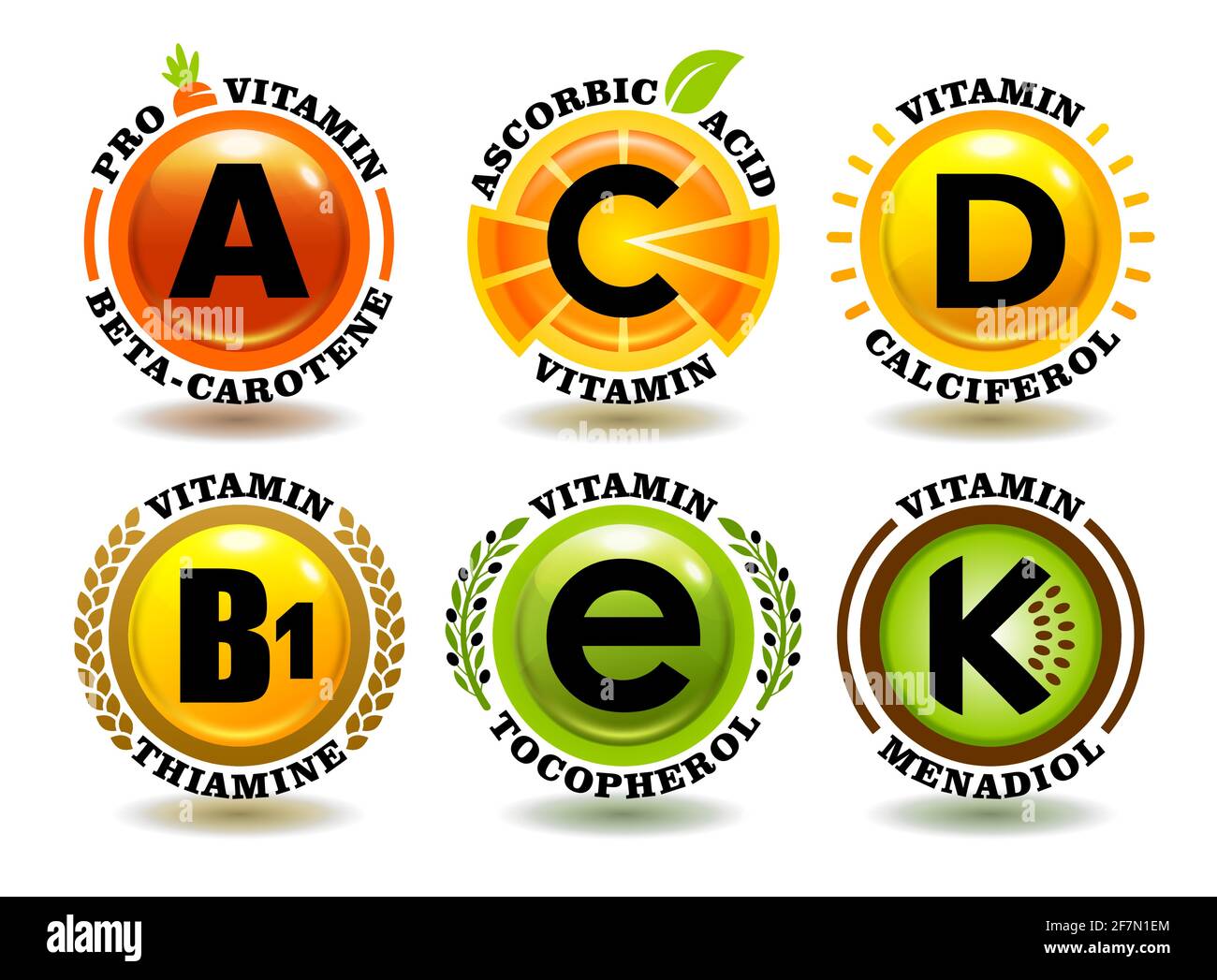 Ensemble de vecteurs de concept créatif de A, B, C, D, E, K signes de complexe de vitamine avec symbole de soleil de dessin animé, icônes de fruits réalistes, timbres naturels de nourriture saine, 3D Illustration de Vecteur