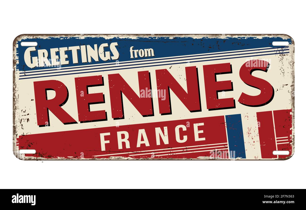 Salutations de Rennes plaque de métal rouille vintage sur fond blanc, illustration vectorielle Illustration de Vecteur
