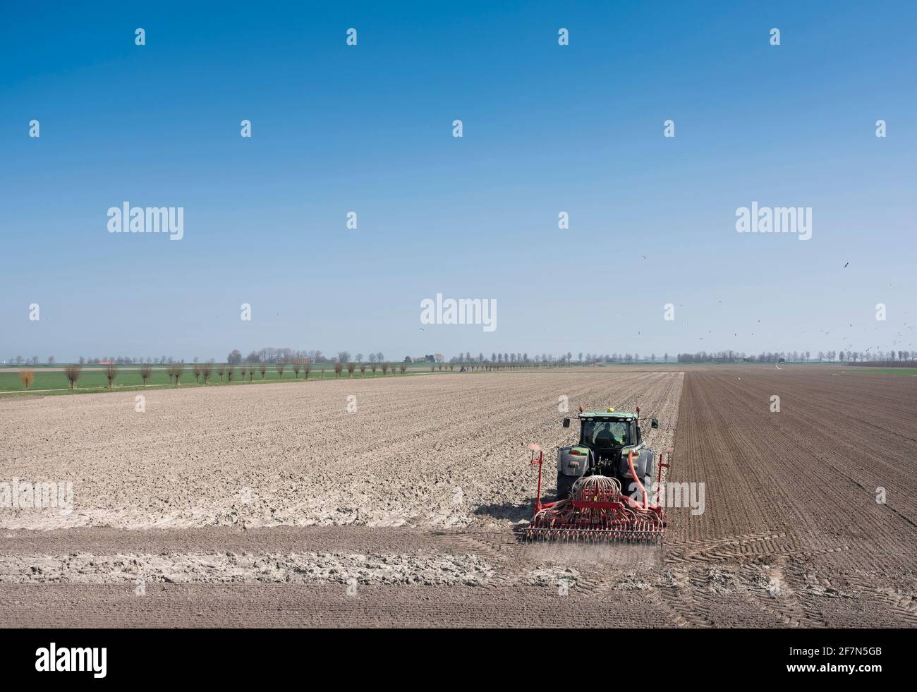 agriculteur travaille sa terre sur la campagne rurale de noord beveland dans la province néerlandaise de zeeland le jour ensoleillé du printemps Banque D'Images