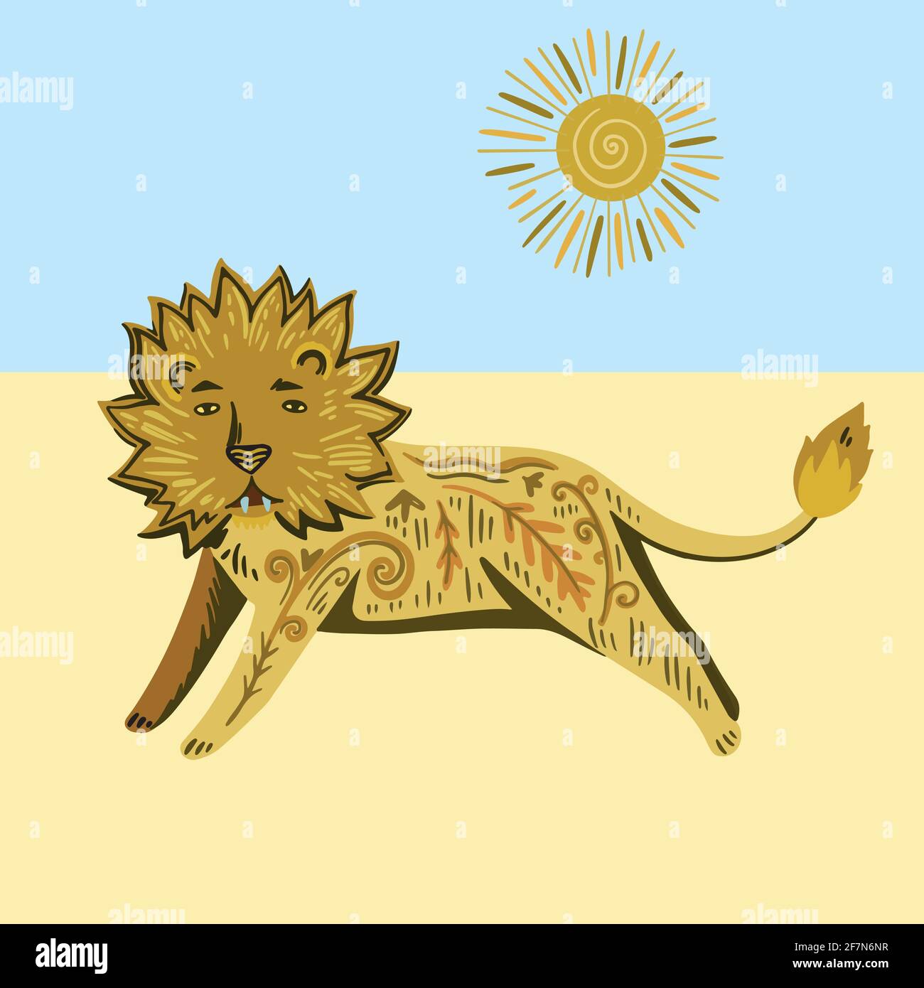 Joli lion de fées avec éléments floraux ornementaux dans le désert. Illustration de Vecteur