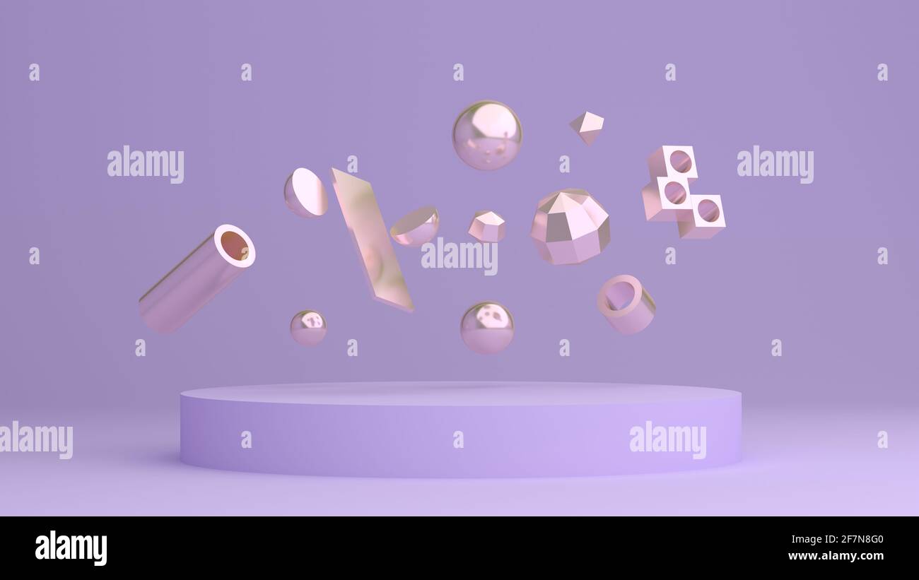 rendu 3d, composition de primitives réalistes. Des formes dorées métalliques en mouvement. Sphères d'or, cristaux, tubes, pierres précieuses, diamants Banque D'Images