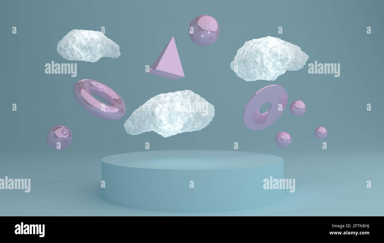 rendu 3d, composition de primitives réalistes. Des formes métalliques volantes en mouvement. Sphères, tore, pyramide, nuages aux couleurs turquoise et rose. Banque D'Images