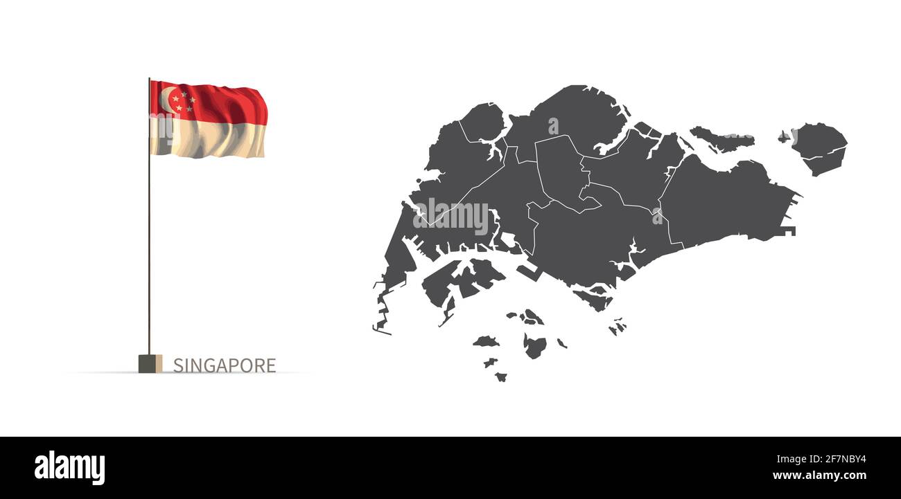 Carte de Singapour. Carte grise du pays et vecteur d'illustration 3d du drapeau. Illustration de Vecteur