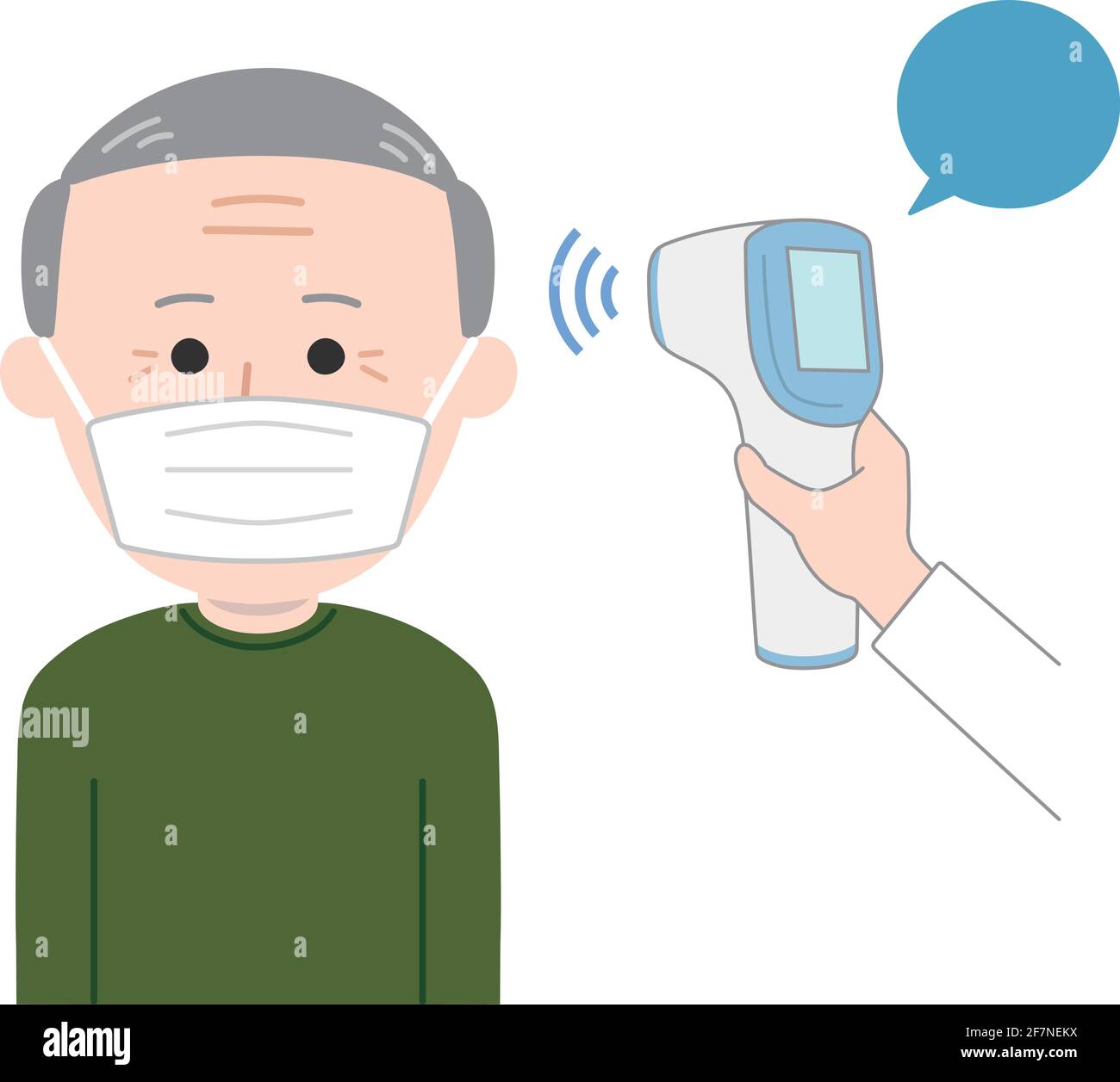 La température de l'homme âgé portant un masque est vérifiée à l'aide d'un thermomètre sans contact pour coronavirus. Illustration de Vecteur