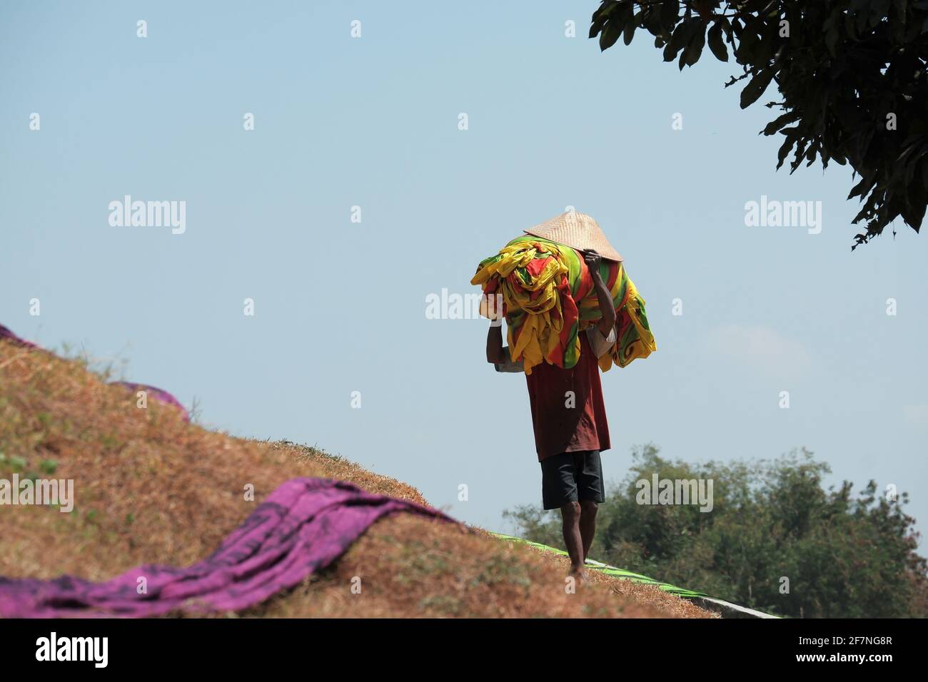 Homme portant une pile de vêtements sur sa tête, travailleur de l'industrie textile de Mojolaban pareo Banque D'Images