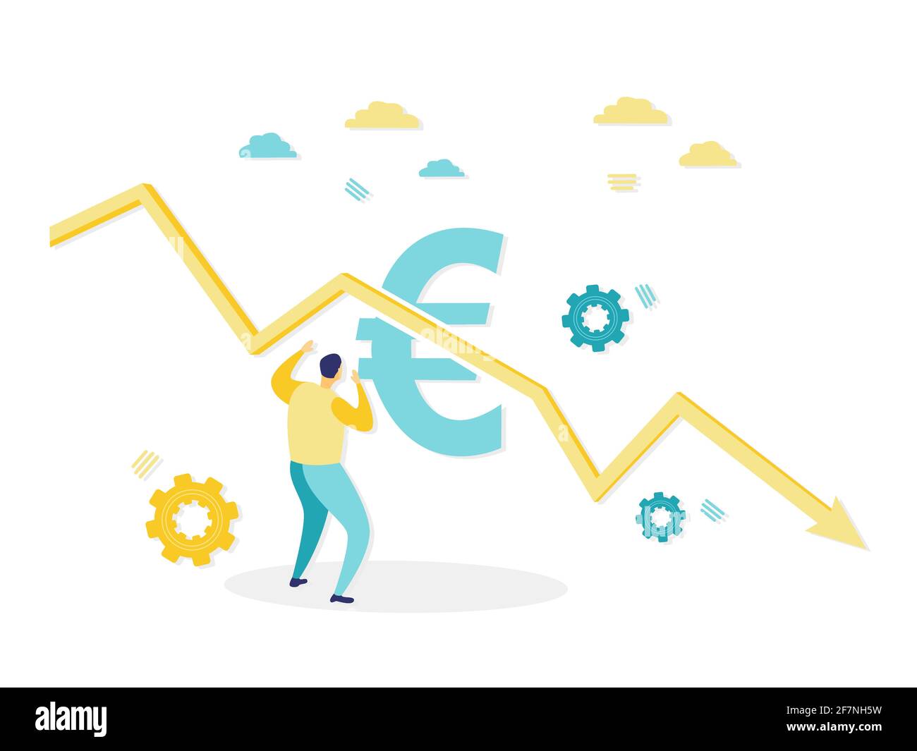 Illustration plate d'un homme d'affaires voyant une flèche de graphique vers le bas. Concept de crise économique et d'inflation de l'euro. Illustration plate simple. Illustration de Vecteur