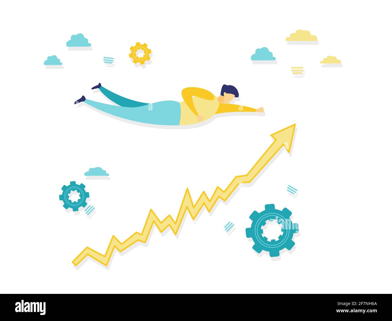 Illustration plate d'un homme d'affaires survolant une flèche jaune. Illustration simple avec bleu et jaune. Concepts commerciaux et financiers. Illustration de Vecteur