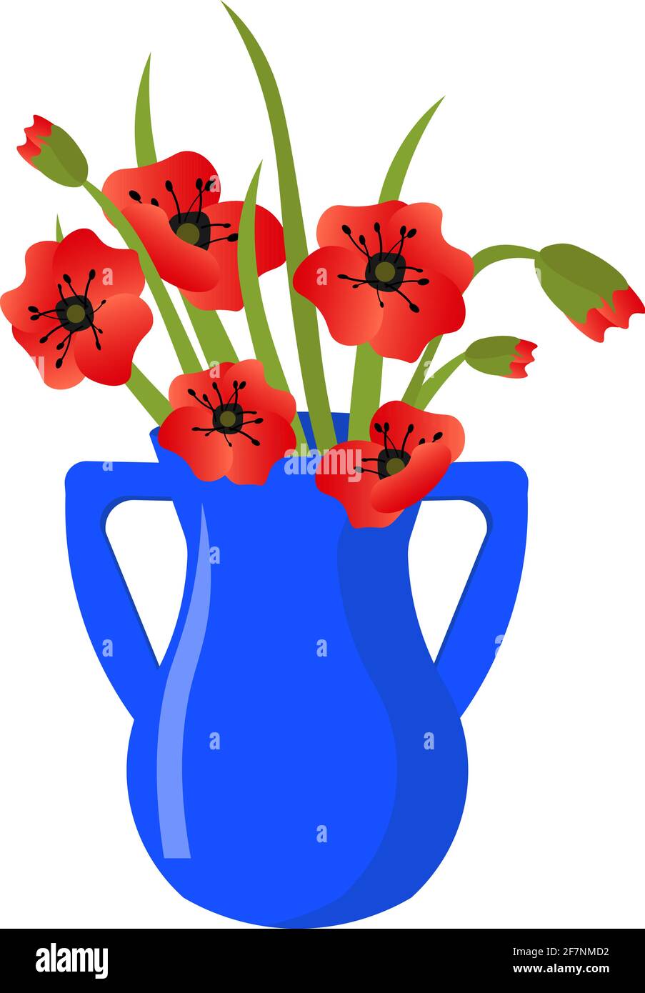 Vase en céramique bleue avec un bouquet de coquelicots. Illustration de Vecteur