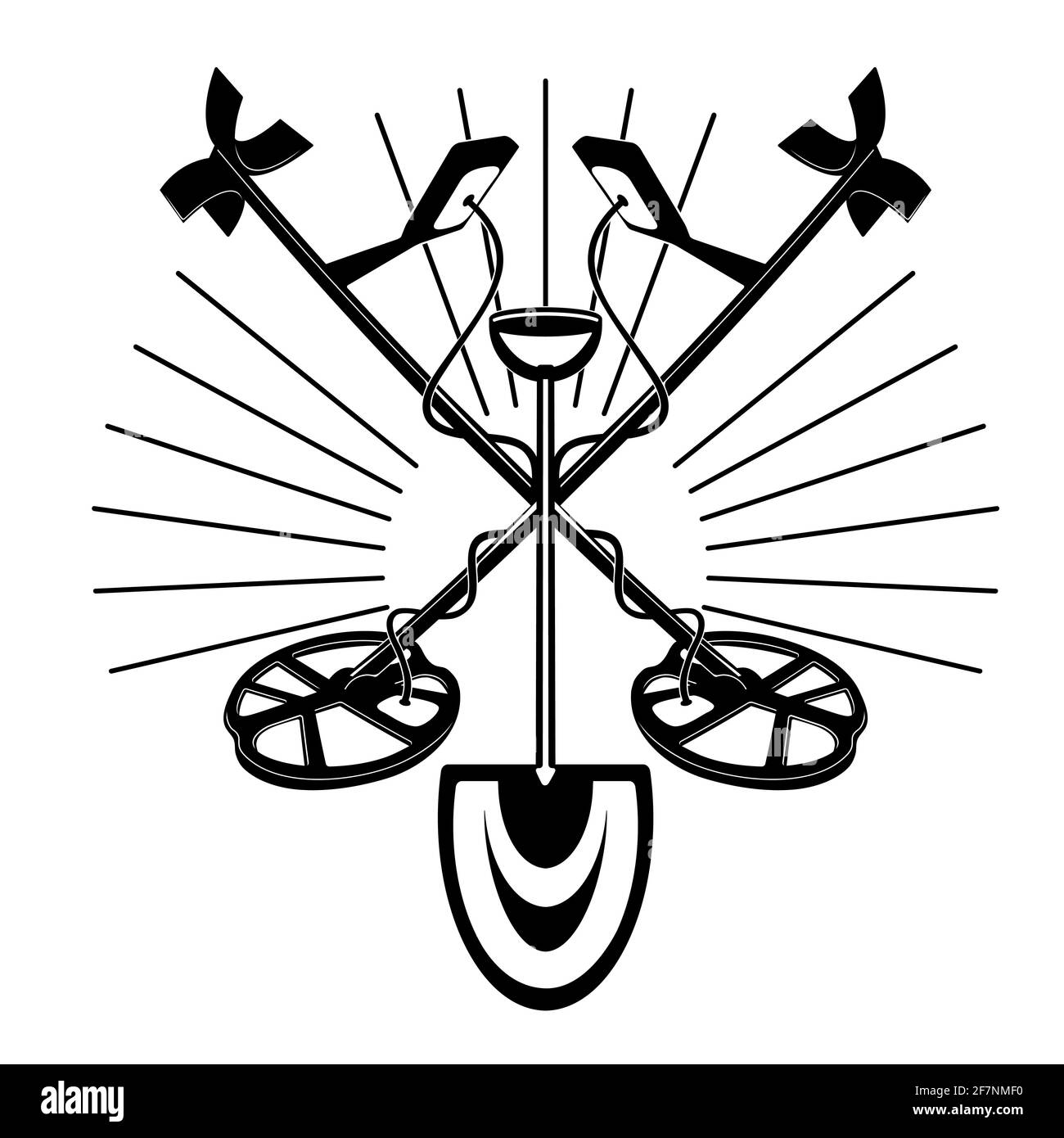 Logo silhouette vecteur d'un creuseur de trésor à la recherche de pièces anciennes sous la terre. Détecteur de métal avec des pelles à la main de l'emblème de la chasse au trésor Illustration de Vecteur