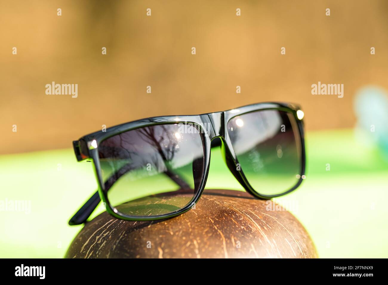 Lunettes de soleil classiques pour hommes et femmes avec verres noirs et cadre noir Shoot à l'extérieur dans une journée d'été gros plan. Mise au point sélective Banque D'Images