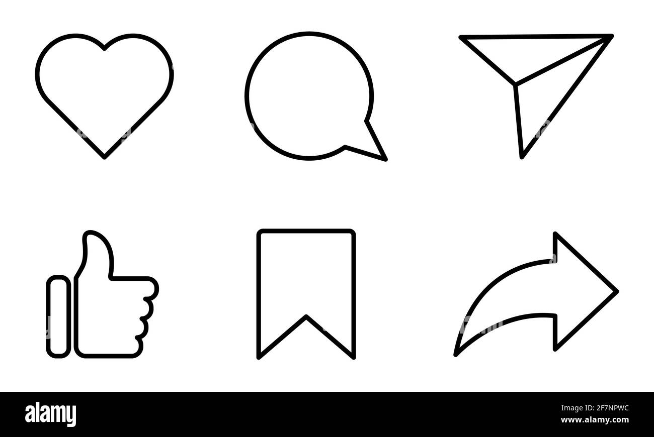 Ensemble d'icônes de réseaux sociaux. Aimez, partagez, commentez, aimez, republiez et enregistrez. Symboles d'illustration de ligne plate silhouette Illustration de Vecteur