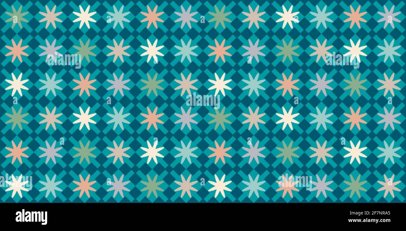 Géométrie florale sur sarcelle avec rhombus bleu foncé patchwork motif vectoriel sans couture pour le marquage, l'emballage, les meubles, les surfaces d'objets intérieurs, la toile. Illustration de Vecteur