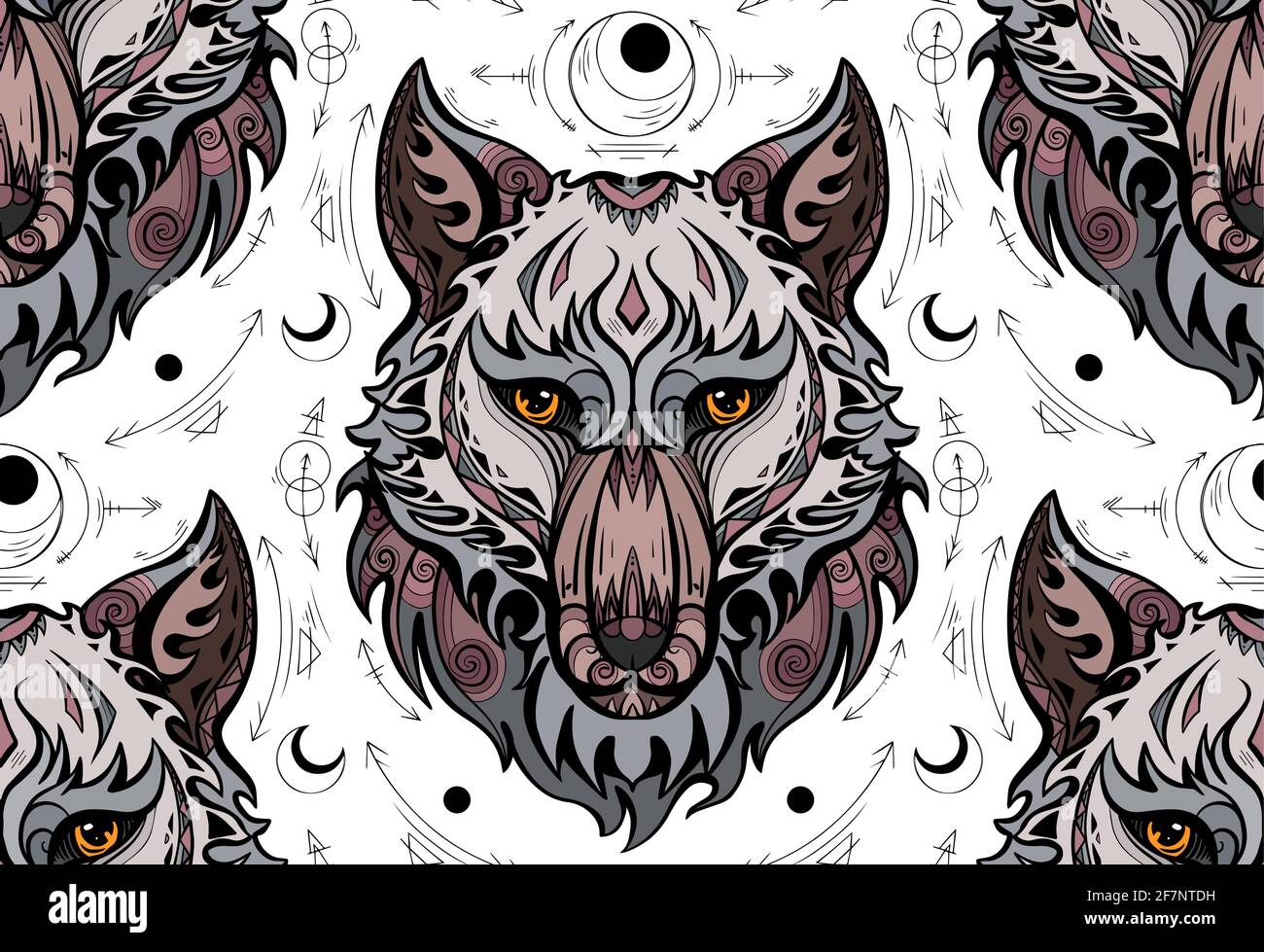 Motif sans couture avec tête de loup colorée et symboles sacrés. Portrait du prédateur devant avec motif boho. Texture multicolore pour tissus et W Illustration de Vecteur