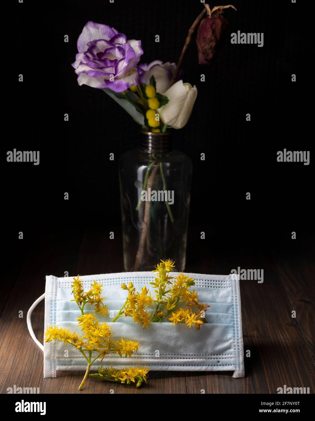 Un masque de protection contre le Covid-19 est décoré de fleurs jaunes de sedum palmeri, avec un vase en verre avec des fleurs séchées en arrière-plan Banque D'Images