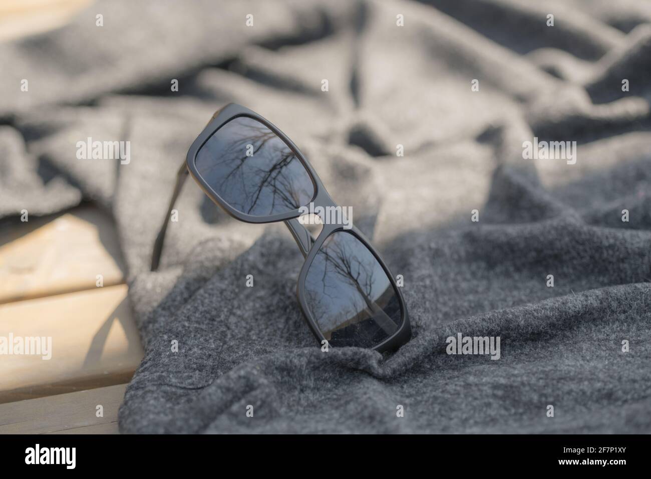 Lunettes de soleil classiques avec verres noirs et monture noire, photographiez en extérieur par temps ensoleillé. Mise au point sélective Banque D'Images