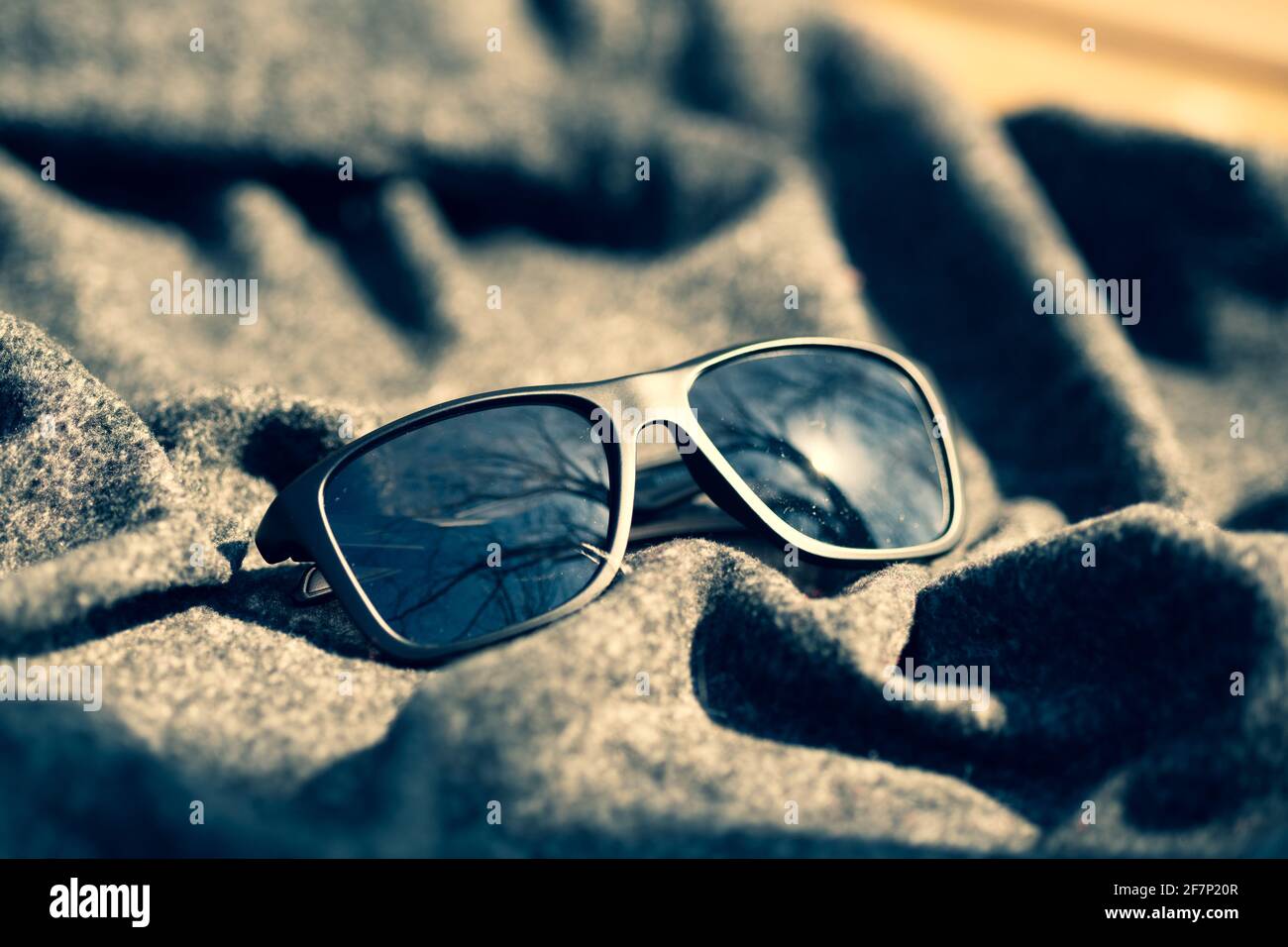 Lunettes de soleil classiques avec verres noirs et monture noire, photographiez en extérieur par temps ensoleillé. Mise au point sélective Banque D'Images