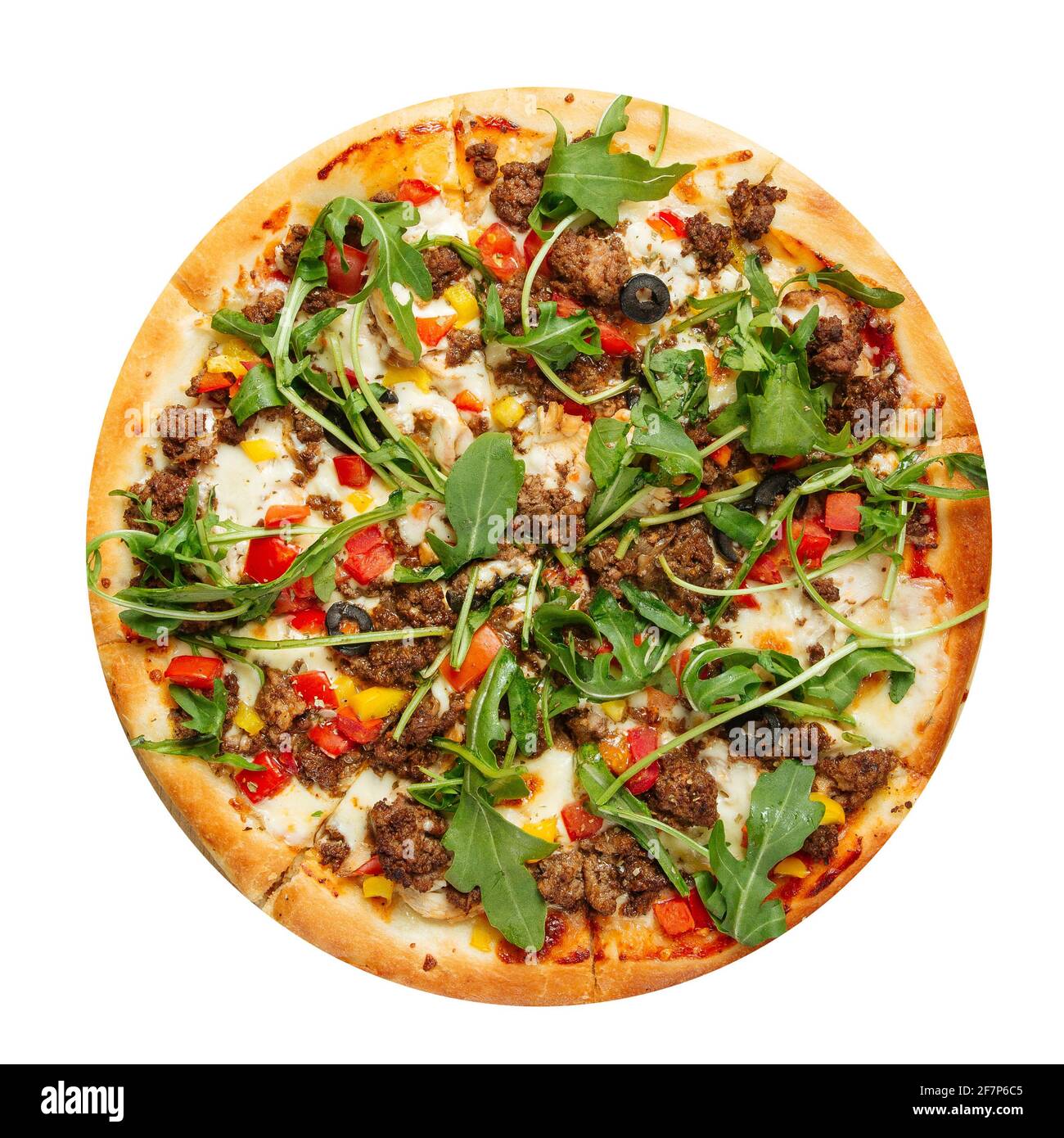 Pizza isolée avec viande hachée et arugula Banque D'Images
