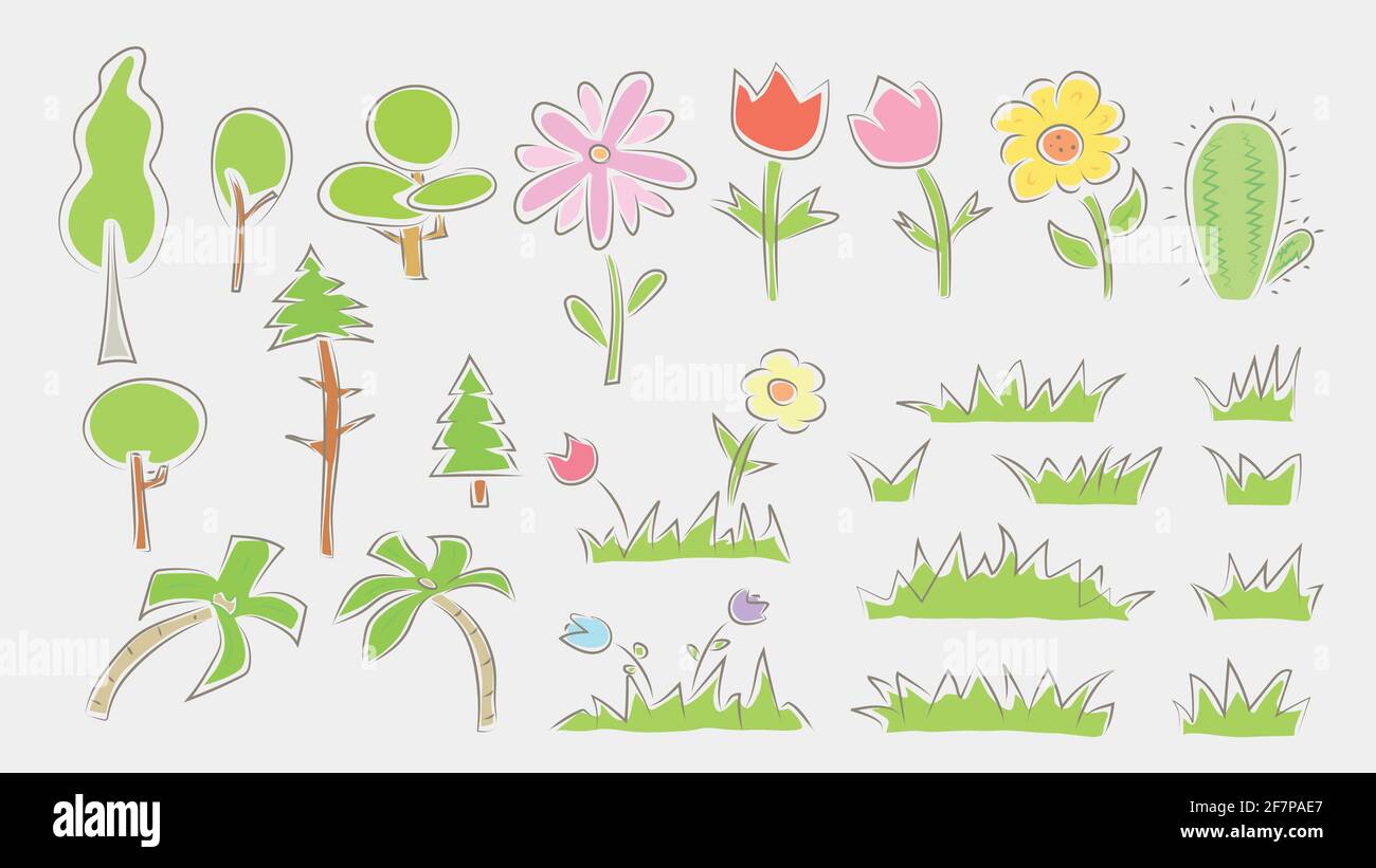 ensemble de dessin nature coloré à la main Illustration de Vecteur