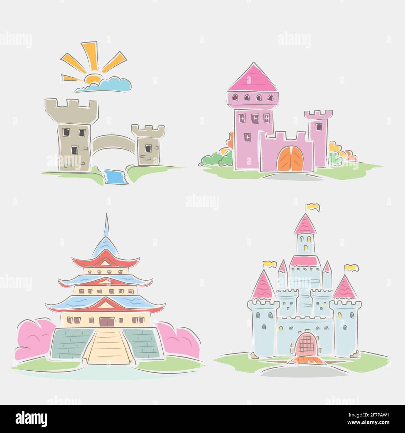 divers châteaux dessinent à la main sur blanc Illustration de Vecteur