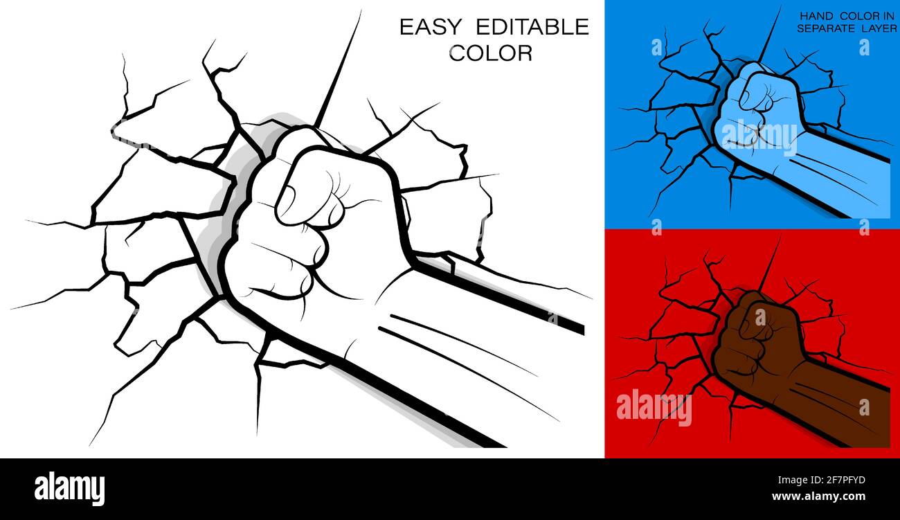 la puissante main de l'athlète s'est accrochée au poing et a brisé le mur. Fissures et fractures sur le mur dues à un puissant coup de main. Vecteur Illustration de Vecteur