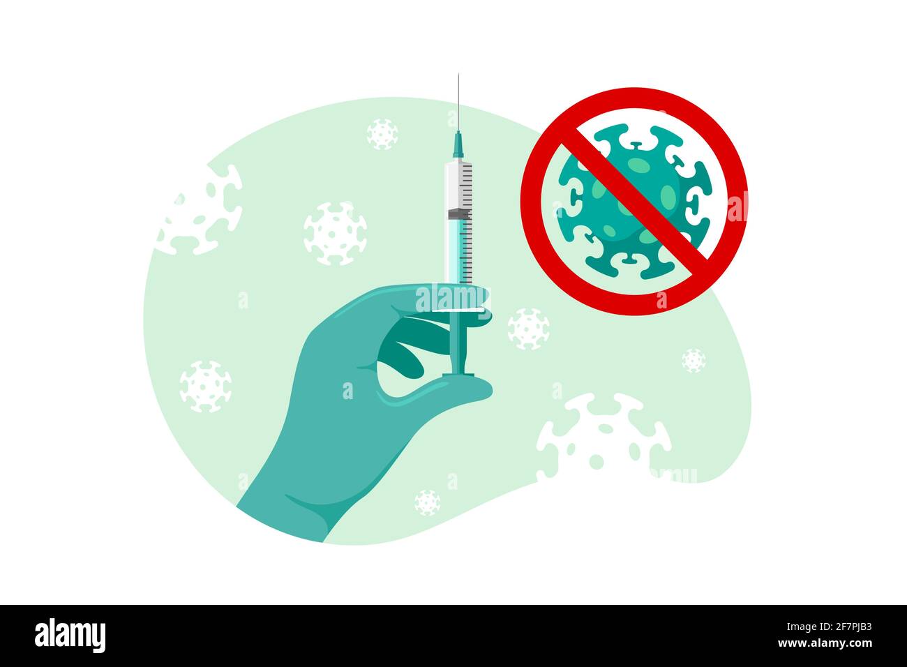 Médecin ou infirmière main dans des gants verts avec une seringue de vaccination contre l'infection à coronavirus. Scientifique ou chercheur ayant reçu une vaccination contre la maladie de Covid-19. M Illustration de Vecteur
