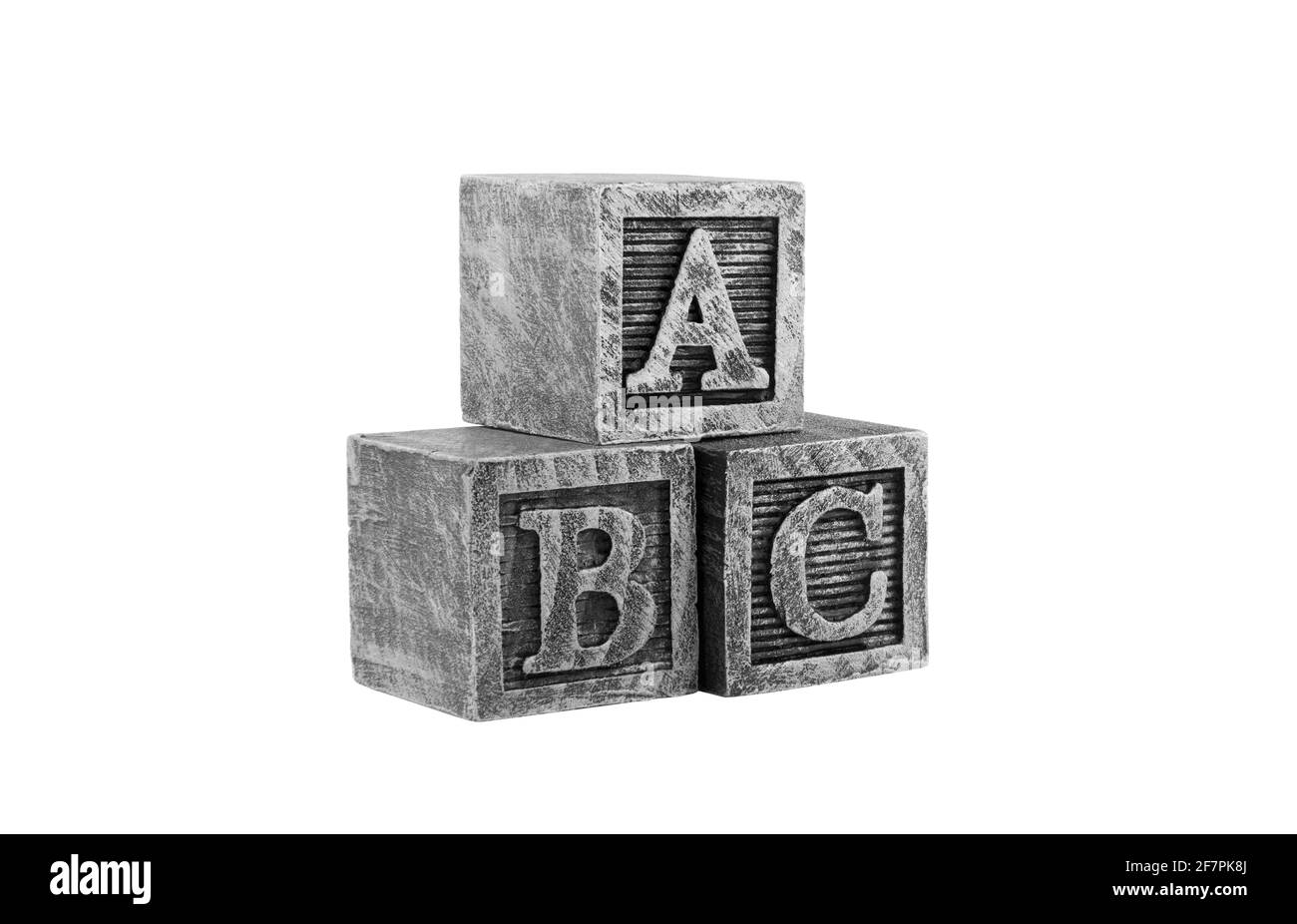 Blocs d'alphabet en bois vintage isolés sur blanc avec passe-cheveux Banque D'Images