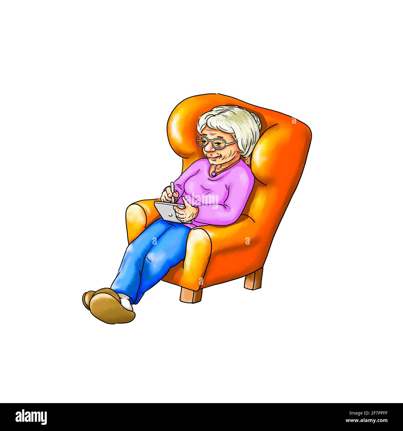 Grand-mère grand-mère femme âgée avec des lunettes cheveux gris blanc assis avec tablette dans un stylo fauteuil dans la communication de la technologie à la main seule contact moderne Banque D'Images