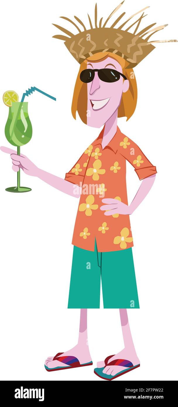Hawaiian Tourist avec un vecteur d'illustration de dessin animé de cocktail isolé sur blanc arrière-plan Illustration de Vecteur