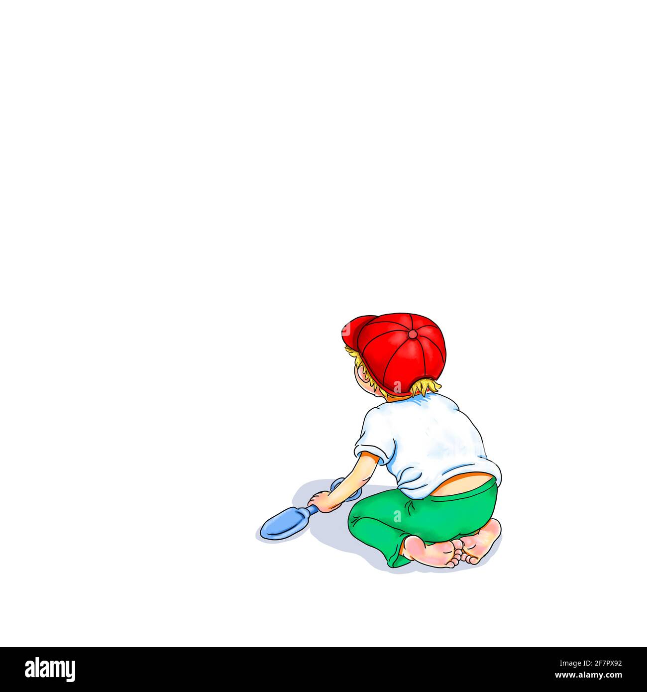 Garcon Avec Chapeau Accroupi Pieds Nus Dans La Fosse De Sable Avec Pelle A La Main Sable Jouer Maternelle Pieds Nus De Bebe Pensee Photo Stock Alamy